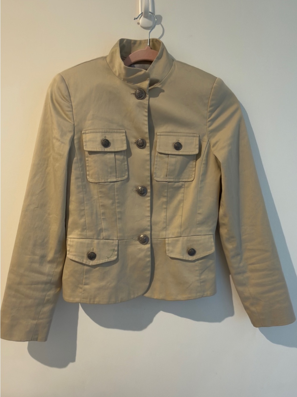 Women's Cotton Utility Jacket with Stand Collar - Khaki - Picture 2 of 6